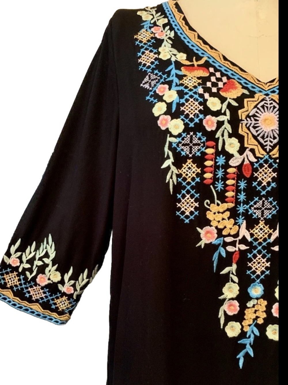 Black Embroidered V-Neck Boho Tunic with Multicolor Floral Detail